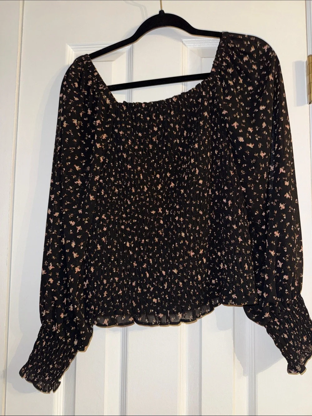 Madewell Black Floral Smocked Blouse with Tan Print